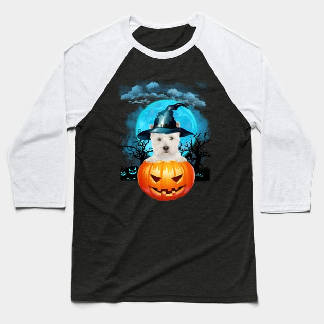 West Highland White Terrier Witch Hat Pumpkin And Blue Moon Baseball T-Shirt by PlumleelaurineArt